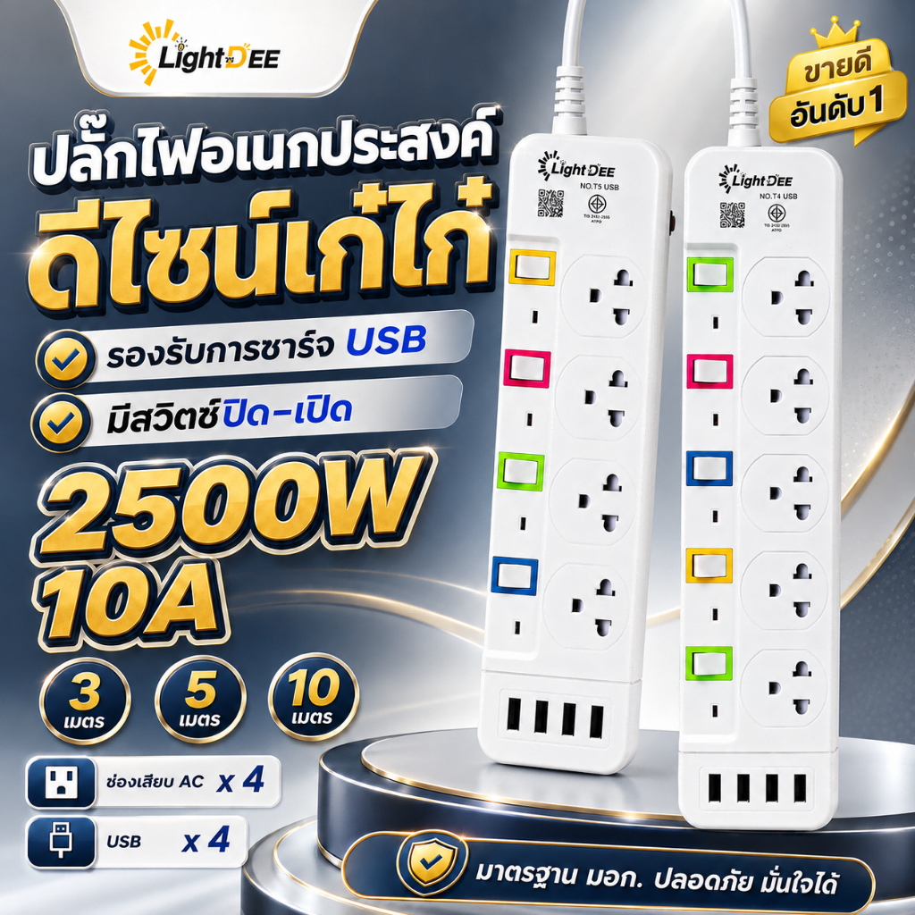 ปลั๊กไฟ มอก.แท้ 2500w ปลั๊ก ปลั๊กพ่วง รางไฟ 5ช่อง, 4ช่อง 4USB ความยาว3เมตร,5เมตร,8เมตร ปลั๊กไฟ 4ช่องUSB ปลอดภัย 3/5/8M
