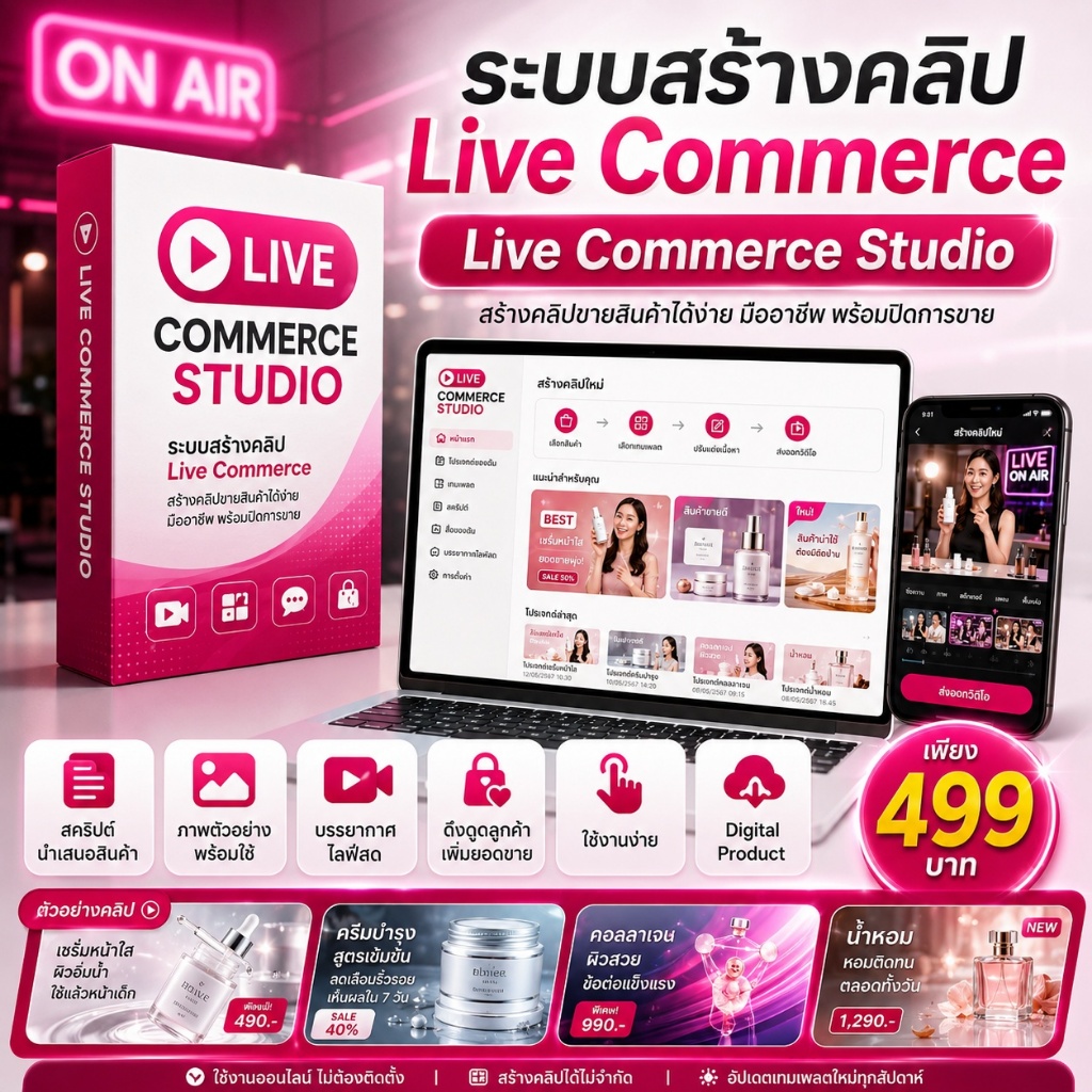 Live Commerce Studio ระบบสร้างคลิปขายสินค้าแนวไลฟ์สด ด้วย AI สำหรับ Shopee TikTok Facebook