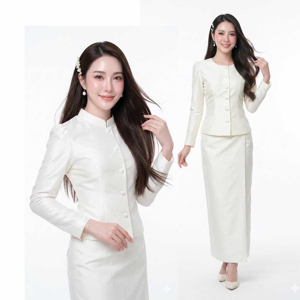 เสื้อไทยจิตรลดา เสื้อไทยเรือนต้น ผ้าถุงสำเร็จรูป รหัส M7 ทท1 ศ2 สีขาวงา ผ้าไหมสี่เส้นอัดกาว ทรงสุภาพ