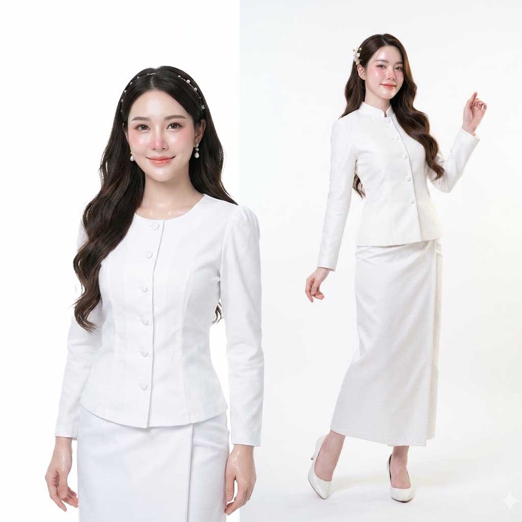 เสื้อไทยจิตรลดา เสื้อไทยเรือนต้น ผ้าถุงสำเร็จรูป รหัส M3 ทท2 ศ6 สีขาวโอโม่ ผ้าไหมสี่เส้นอัดกาว ทรงสุภาพ