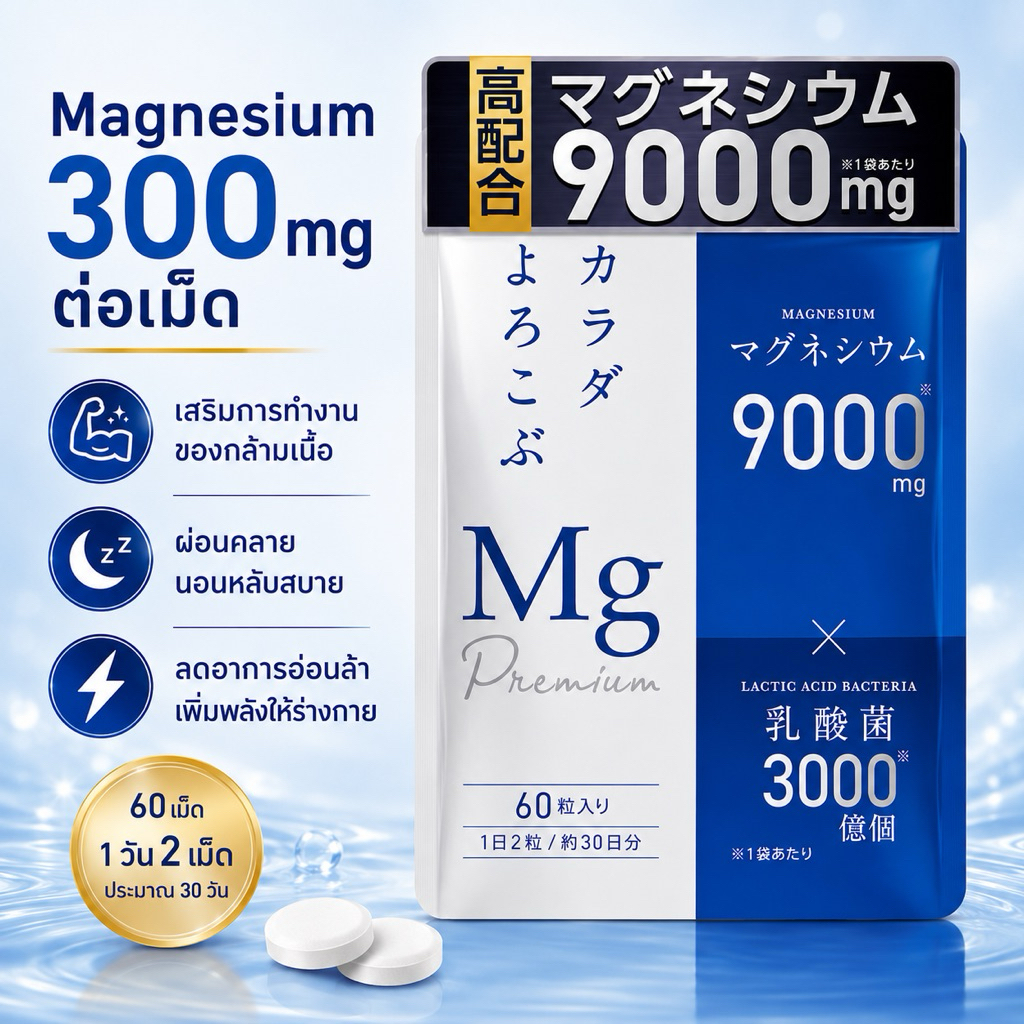 (สินค้าพร้อมส่ง) Magnesium 300 mg + Lactic Acid Bacteria 10,000 ล้านตัว แมกนีเซียม ของแท้ 100% จาก ญี่ปุ่น