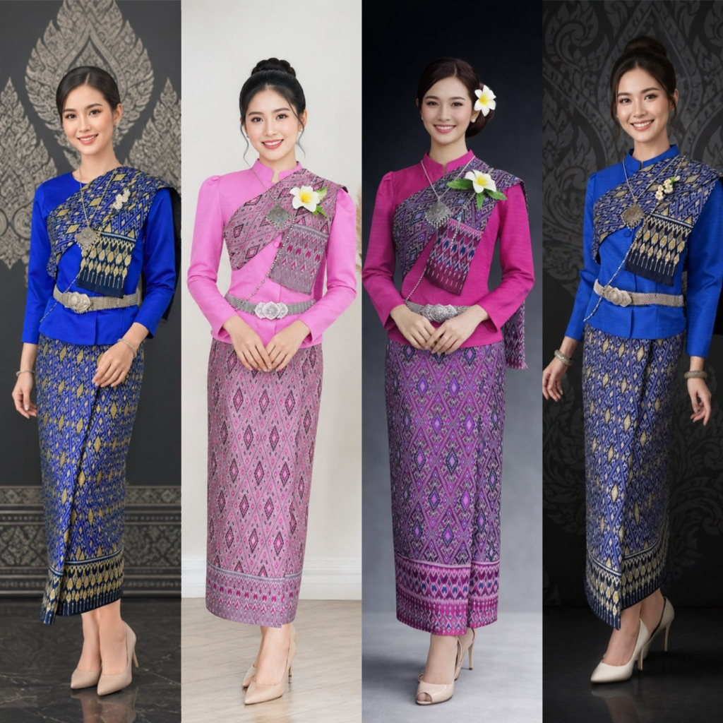 ชุดผ้าไทยผ้าไหมหม่อน เสื้อ + สไบ + ผ้าถุงทอเครื่องอัดผ้ากาวทั้งตัวงานสวยตัดเย็บละเอียดมากค่ะ