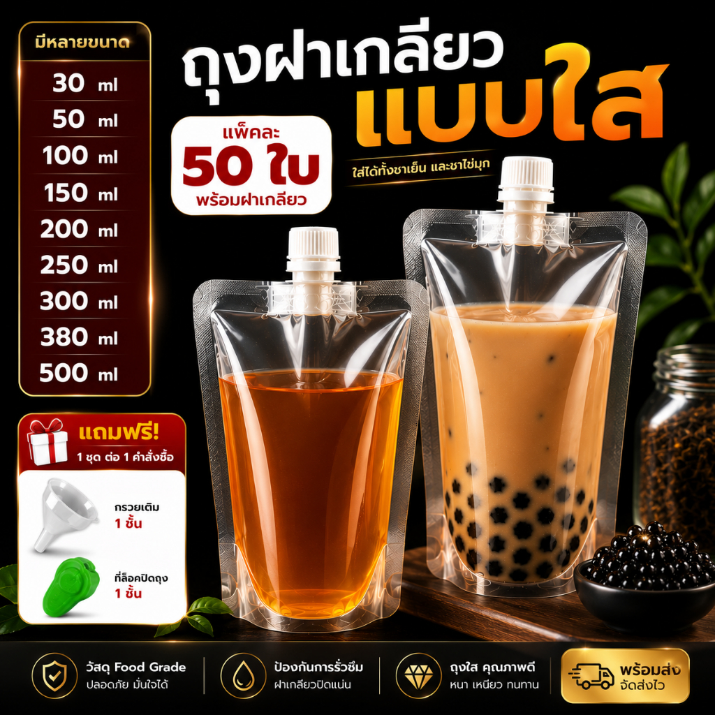(50 ใบ) รุ่นใส ถุงฝาเกลียว ก้นตั้งได้ ถุงใส่น้ำ ถุงใส่น้ำจิ้ม ใส่เยลลี่ กรวยกรอก + ฝาปิด