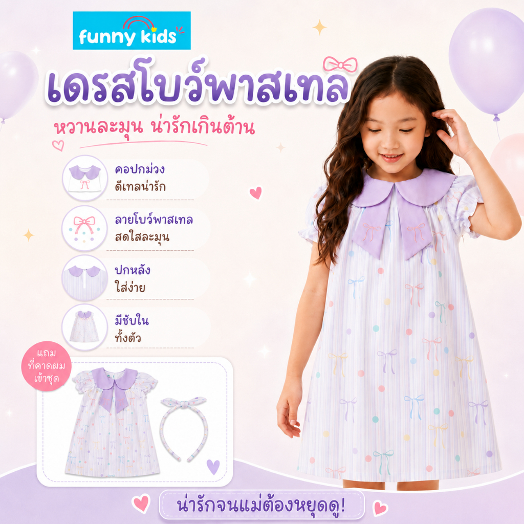 funny kids  ชุดเด็กผู้หญิง เดรสเด็กผู้หญิง   ลายจุดโบว์คอปักโบว์  พร้อมคาดผมลายเข้าเซ็ท MF690013