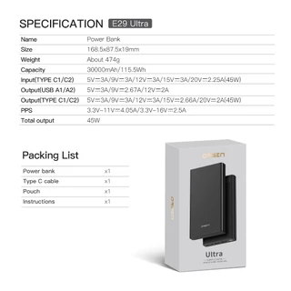 Orsen by Eloop E29 Ultra 30000mAh พาวเวอร์แบงค์ ชาร์จเร็ว 45W QC3.0 ชาร์จเร็ว PowerBank