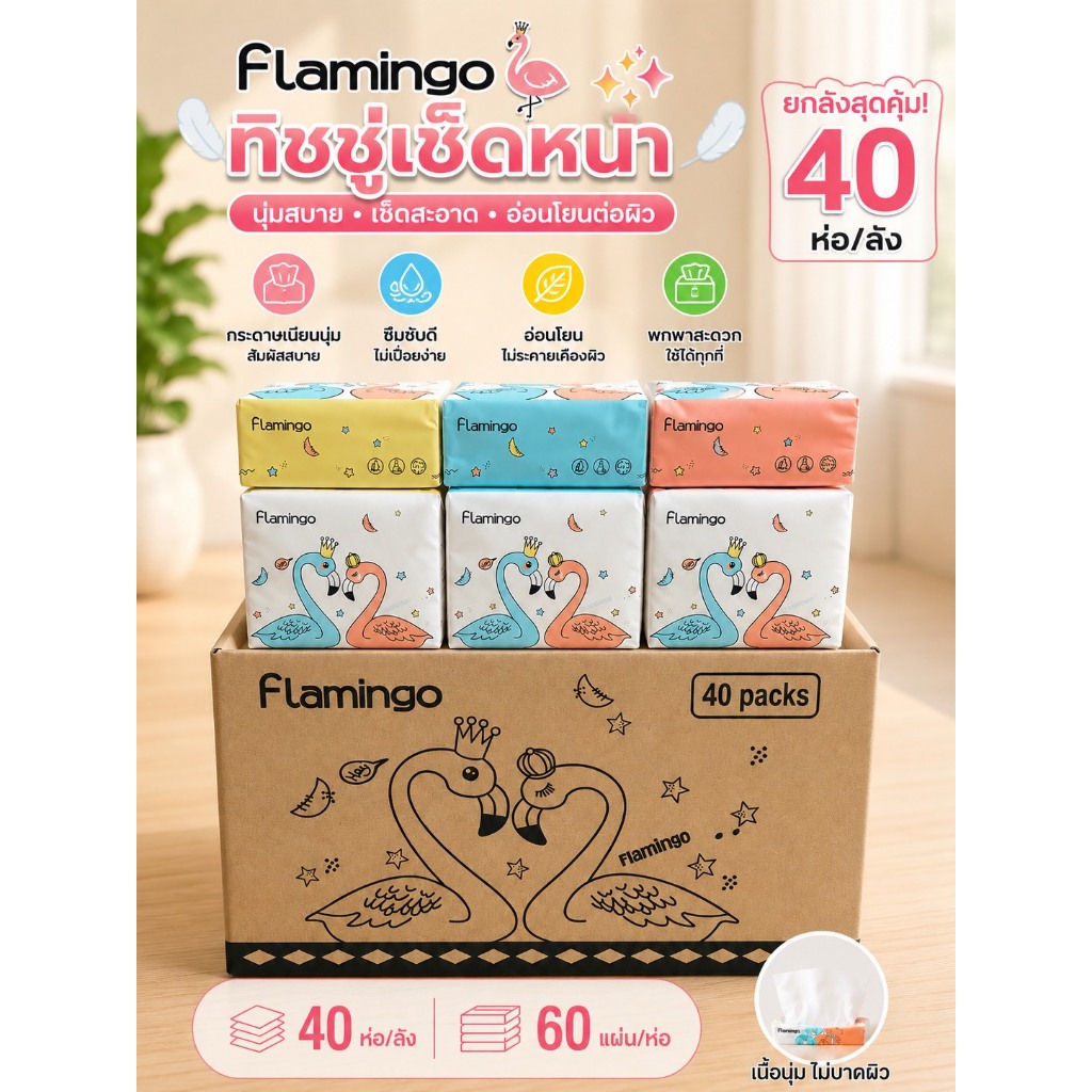 พร้อมส่ง กระดาษทิชชู่ (1ลังมี40ห่อ)  ไร้ฝุ่น ไม่เป็นขุย นกฟลามิงโก้*3