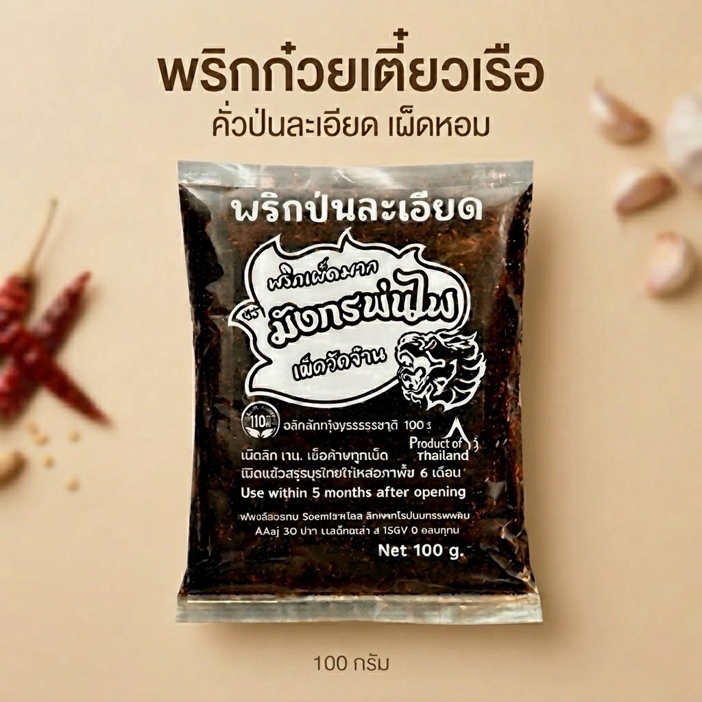 พริกก๋วยเตี๋ยวเรือ พริกป่นละเอียด คั่วหอม เผ็ดมาก ไม่ผสมก้าน 100 กรัม(ลอดำ100)