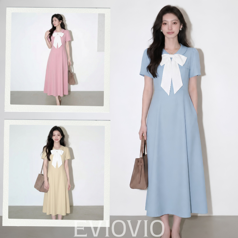 เดรสยาวเกาหลี สีฟ้าพาสเทล คอปกโบว์ขาว เดรสลูกคุณหนู เดรสทำงานผู้หญิง สไตล์มินิมอล ผ้านุ่มใส่สบาย ใส่เที่ยว คาเฟ่ ออกเดท
