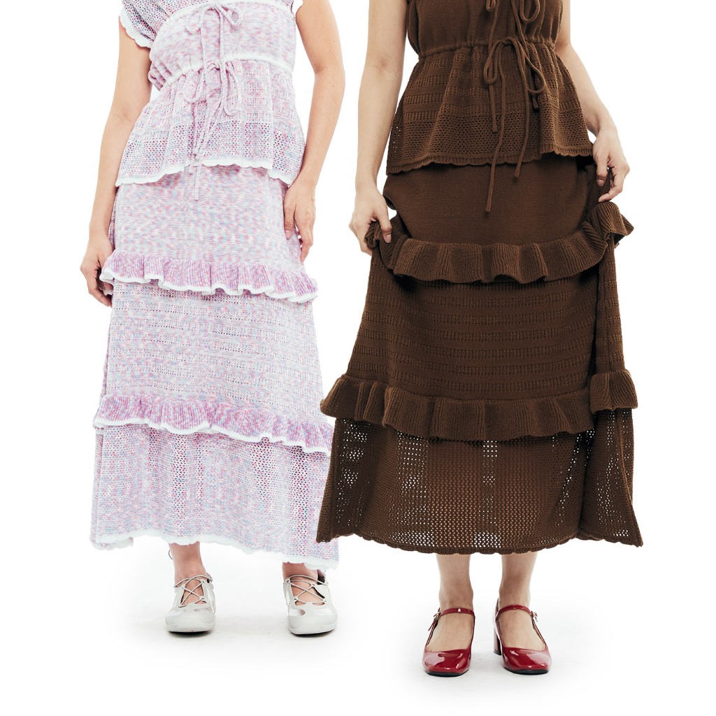 CUPPA - BAMBI Knit ruffle Long Skirt (2 สี) กระโปรงไหมพรม ทรงยาว เอวยางยืด ทอสามลาย สามระดับ ประดับด้วยชั้นระบาย ใส่ง่าย