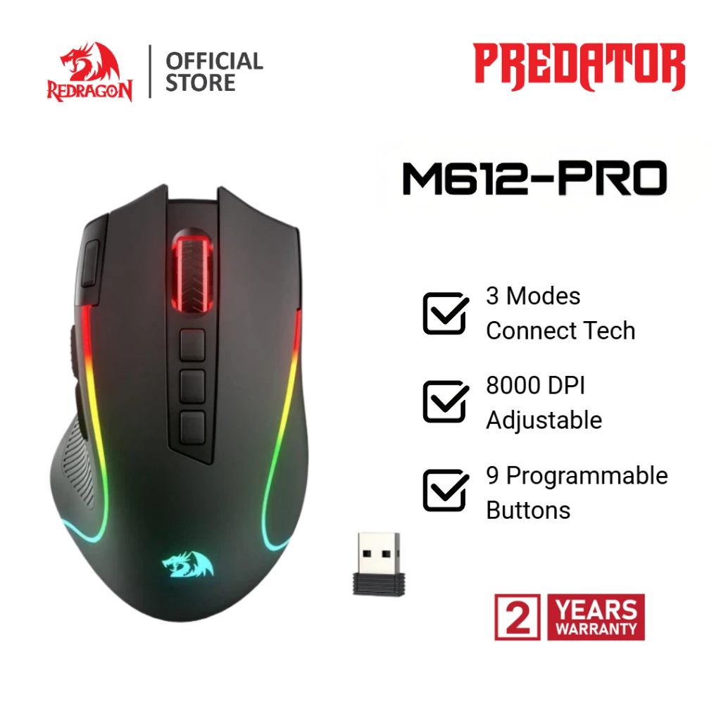 Redragon M612 PRO เมาส์เกมมิ่งไร้สาย (Wireless Gaming Mouse) 8K DPI พร้อมปุ่มตั้งโปรแกรม 9 ปุ่ม และปุ่มยิงรัว Rapid Fire