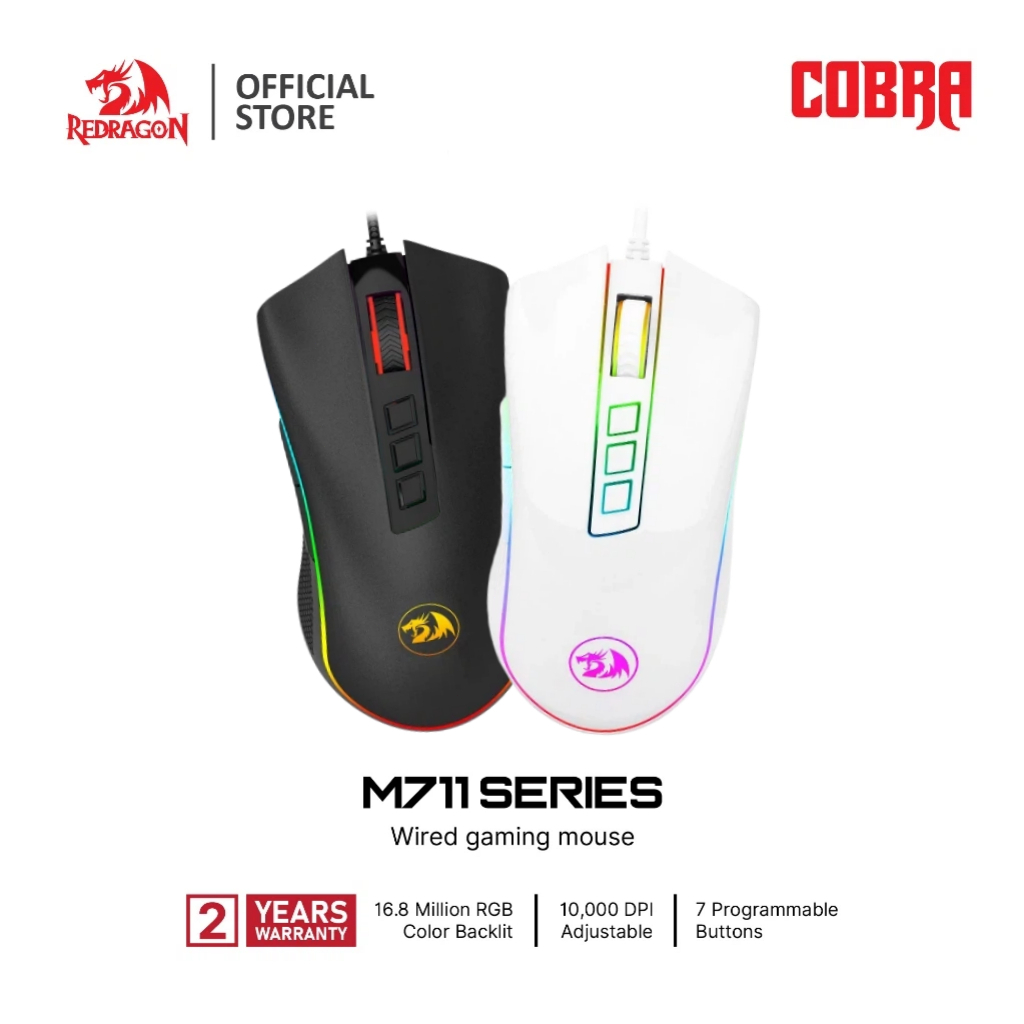 Redragon M711 Cobra เมาส์สําหรับเล่นเกมแบบมีสาย 16.8 ล้าน RGB สี Backlit 10,000 DPI ปรับจับสบาย 7 ปุ่มตั้งโปรแกรมได้