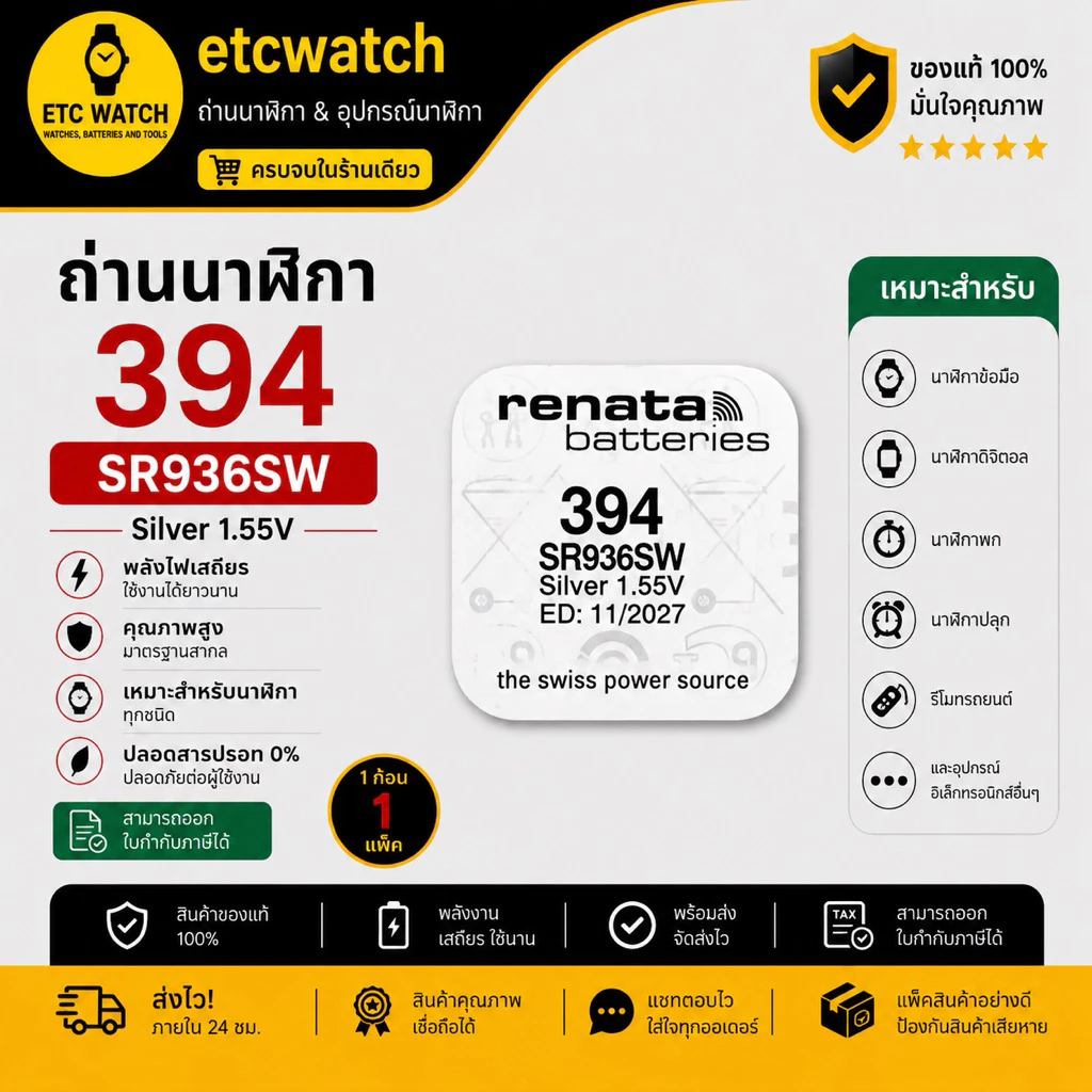 พร้อมส่ง> ถ่านกระดุม Renata 394 / SR936SW Silver 1.55V Swiss made