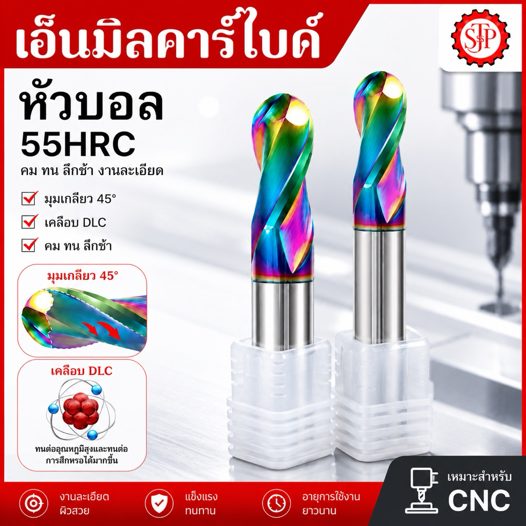 เอ็นมิลคาร์ไบด์ หัวบอล อลูมิเนียม สีรุ้ง - Carbide End Mill Ball Nose for Aluminium