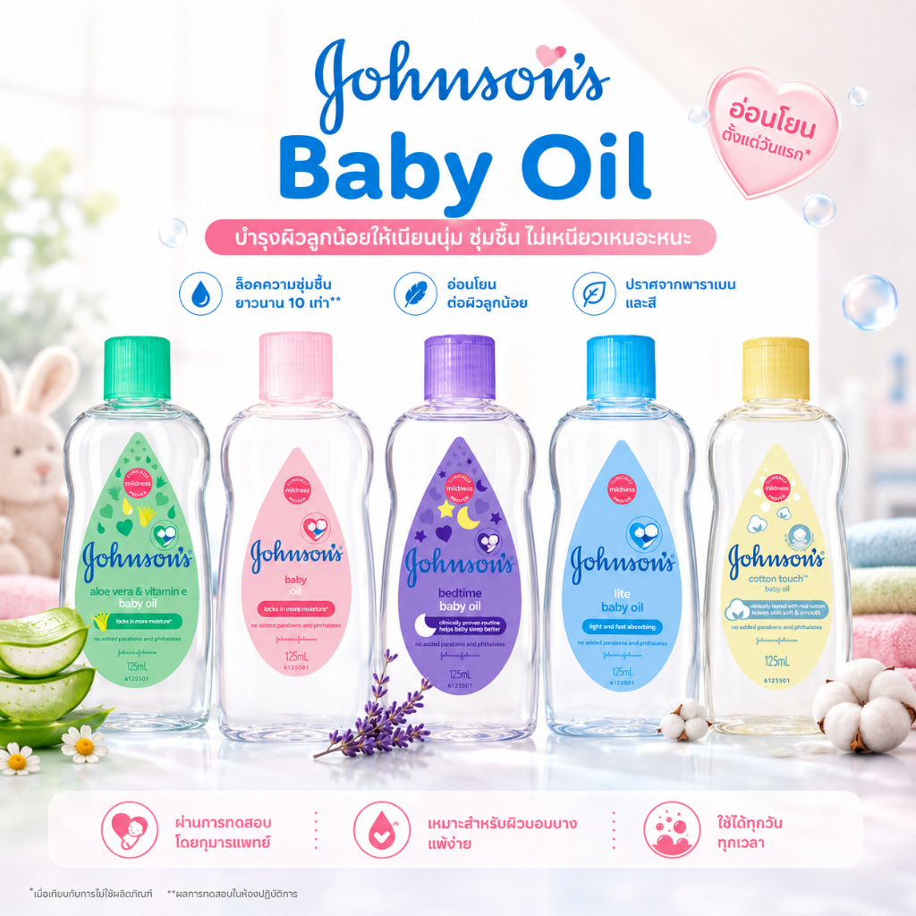 Johnson's baby oil 👼🏻ของแท้ 💯% bedtime babyoil/ Alovera&vitmain E/ Original/Lite  ขนาด 125ml