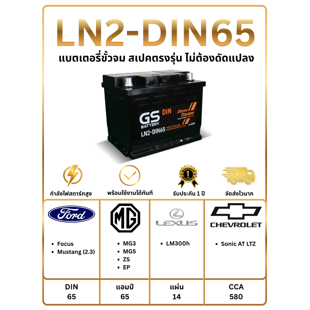 แบตเตอรี่ GS LN2-DIN65 12V 65 แอมป์ พร้อมใช้งานทันที ไม่ต้องเติมน้ำกลั่น (แถมฟรี กันขี้เกลือ 1 ชุด)
