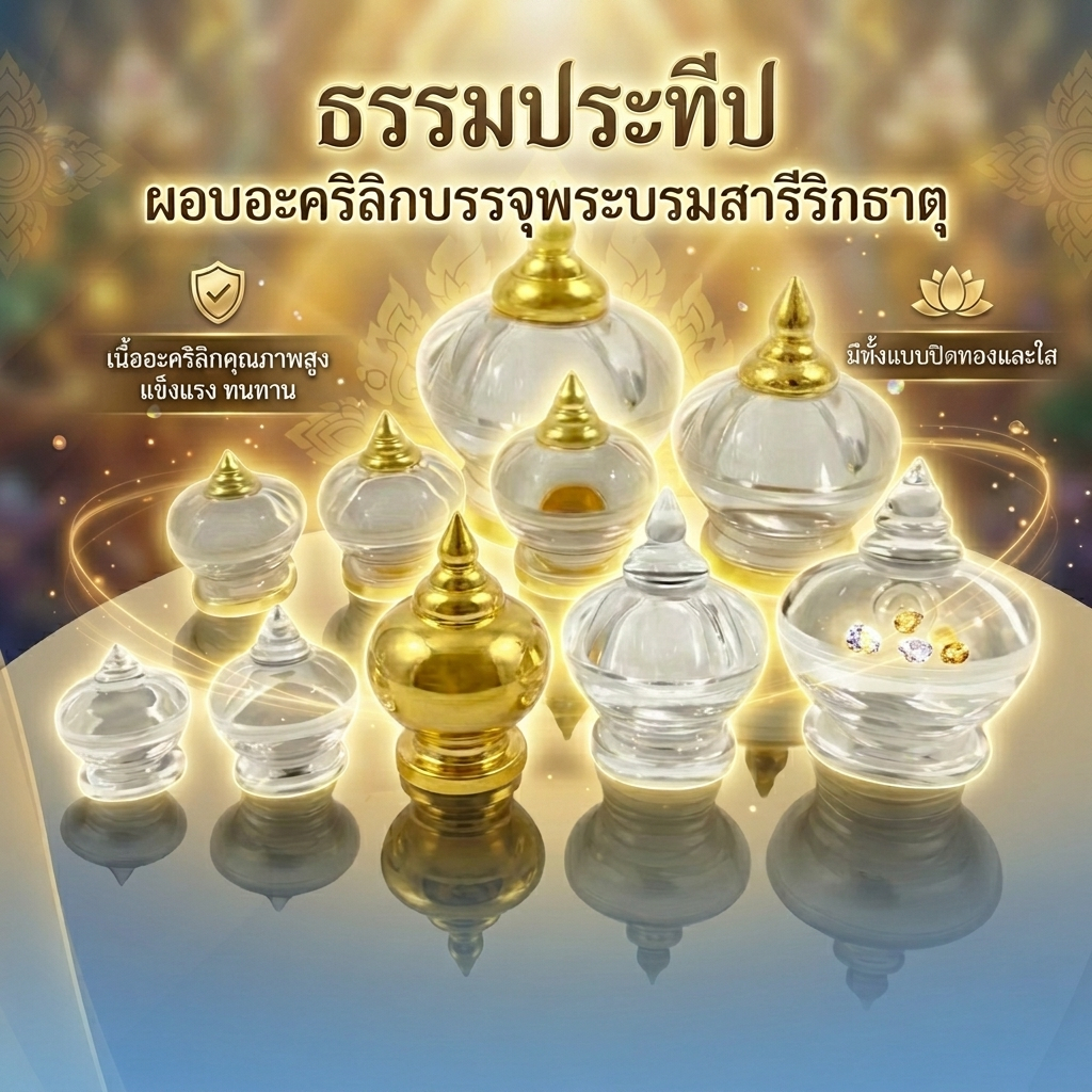 ผอบใสใส่พระธาตุ อะคริลิคคุณภาพสูง ฐานทอง/ใส I ตั้งโต๊ะหมู่บูชา ตั้งหิ้งบูชา แข็งแรง ราคาถูก พร้อมส่ง