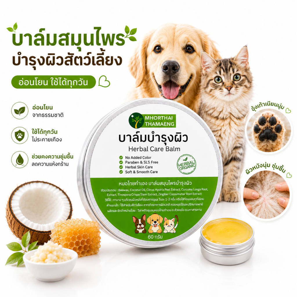 ครีมบาล์มบำรุงผิว อุ้งเท้า สำหรับสัตว์เลี้ยง บำรุงผิวหนังให้ชุ่มชื้น สบายตัว 60 กรัม หมอไทยทำเอง