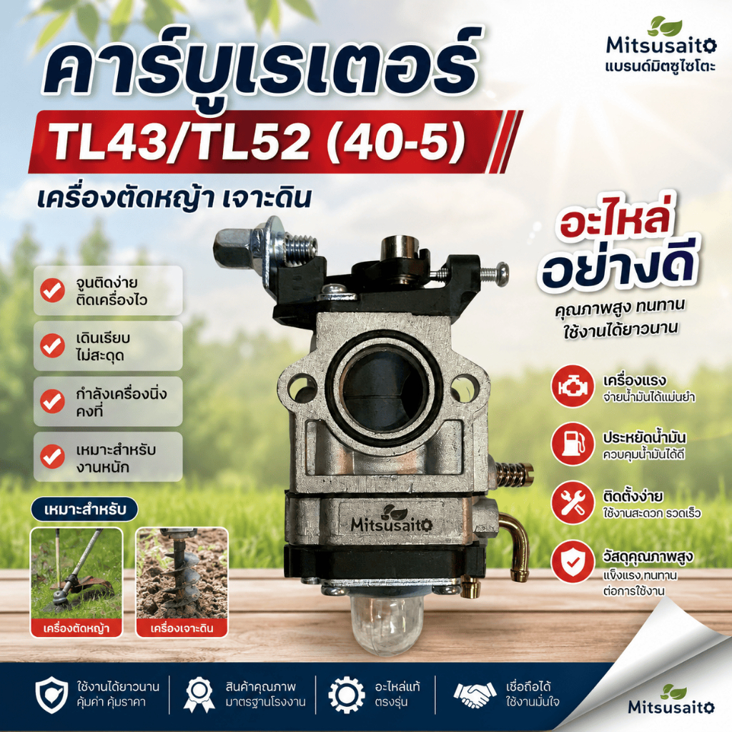 คาร์บูเรเตอร์ TL43/TL52 เครื่องตัดหญ้า เจาะดิน แบรนด์มิตซูไซโตะ อะไหล่อย่างดี