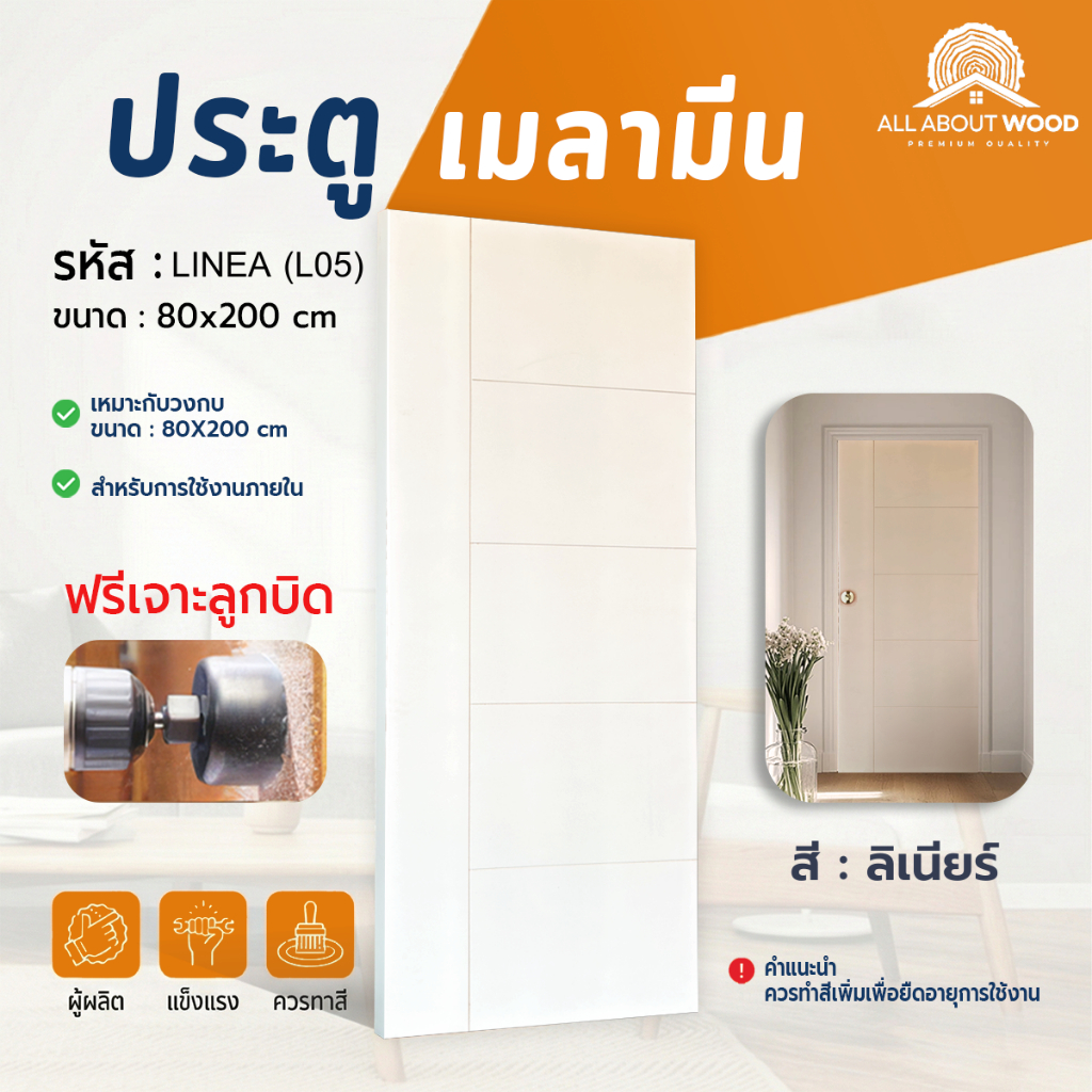 ประตูเมลามีน สีลิเนียร์ ขนาด 80 x 200 cm. LINEA (L05)  ลายเส้นตรงตัด 5 ช่อง | All About Wood
