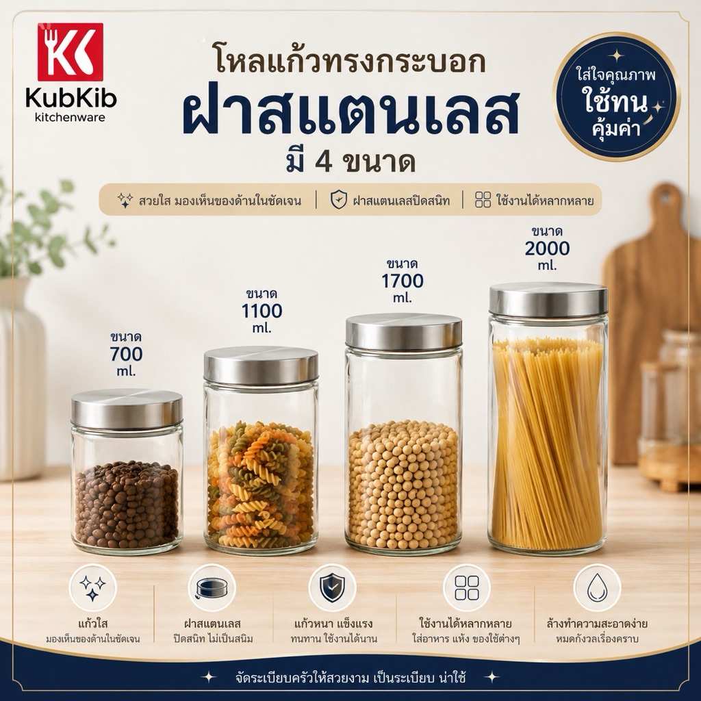 โหลแก้วกลมฝาเกลียวสแตนเลส โหลเอนกประสงค์ โหลดอง มีหลายขนาด