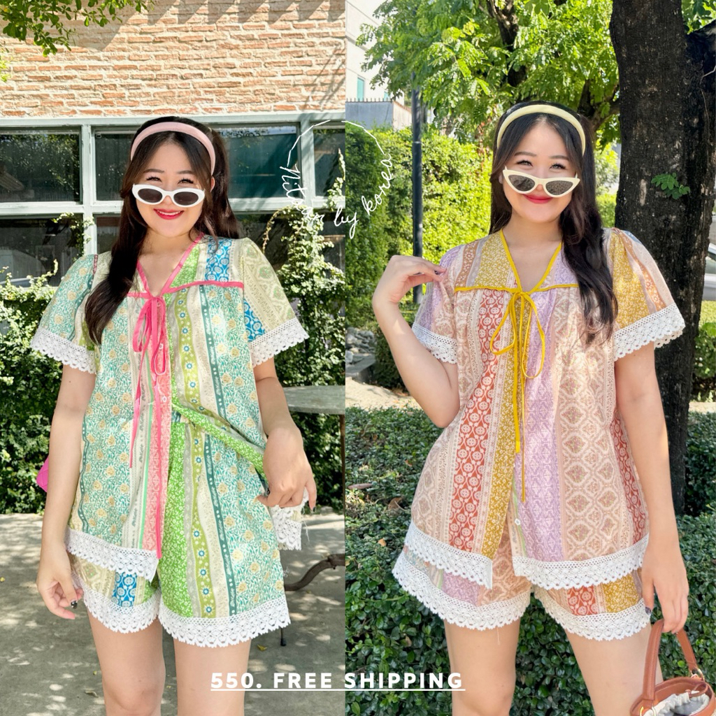 MIKI SET 🎋มิกิเซ็ต  ผ้าคอตตอนลายน้องสวยมากกก ลูกไม้จัดเต็ม ขอบแขนขาเสื้อ อมก กุ้นขอบสีตัด เสื้อกระดุมหน้า น่าร้ากกก