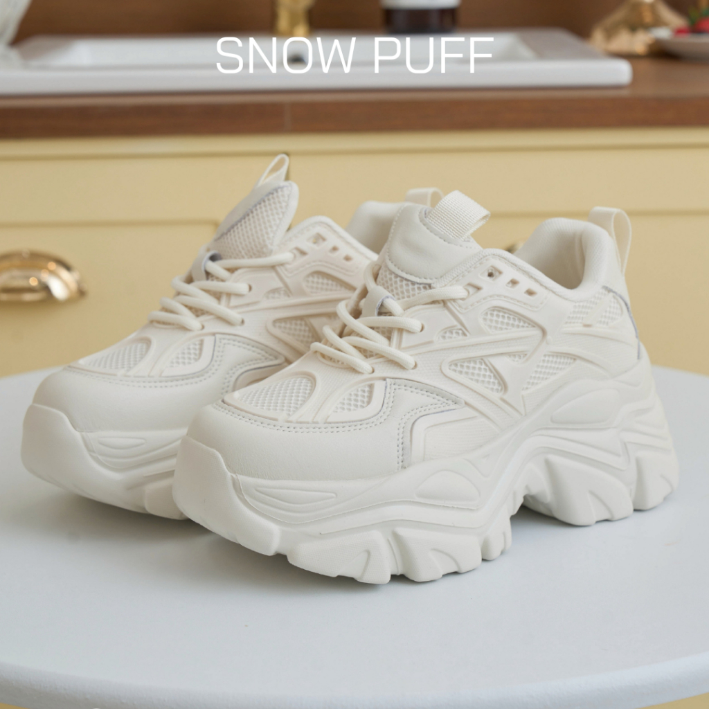 CCS - รองเท้าผ้าใบ Snow Puff สูง 3 นิ้ว รองเท้าผ้าใบรุ่นโกงความสูง สีครีมเชือกใหญ่ รองเท้าผ้าใบแฟชั่นผู้หญิง  (030-11)