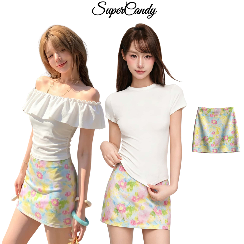 SuperCandy🌷กระโปรงทรงตัว A ลายดอกไม้ เอวสูง ฤดูร้อน สไตล์ภาพวาดศิลป์ รัดรูป