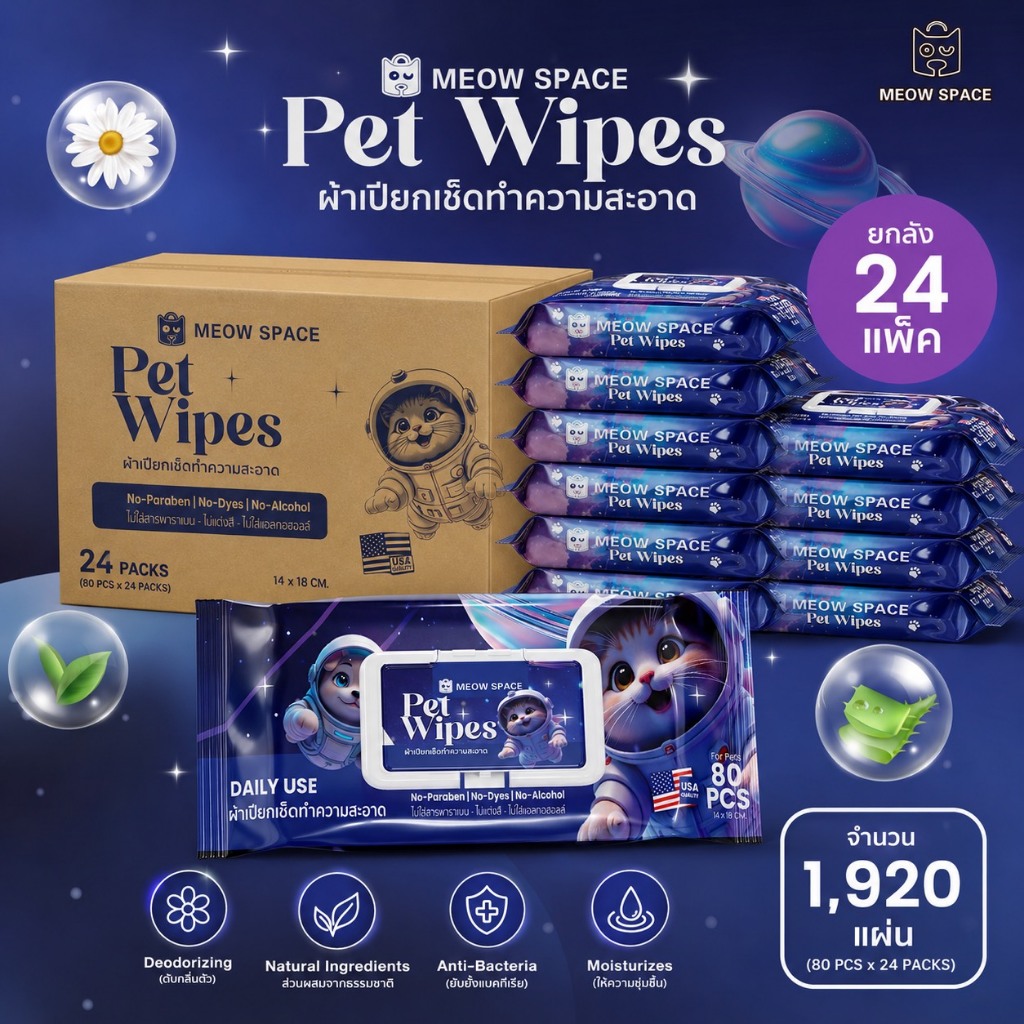MEOW SPACE ทิชชู่เปียกสัตว์เลี้ยง 1 แพ็ค 80 แผ่น / ยกลัง 24 แพ็ค อ่อนโยน ทิชชู่เปียก