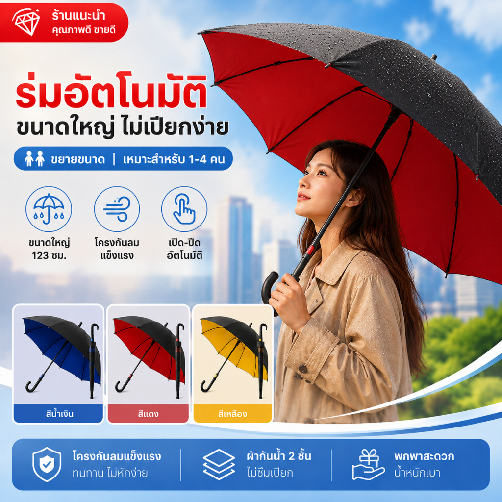 ☔ขนาดใหญ่พิเศษ 🧊 ร่มออโต้ด้ามยาว ป้องกันรังสียูวี กันฝน แข็งแรง ทนทาน ลมไม่พัง เหมาะสำหรับ 2-5 คน
