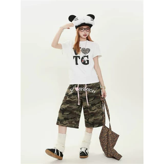 [Letter printed cropped pants]สูงถนนกีฬาลมตัวอักษรพิมพ์ผู้หญิงสบาย ๆ ขากว้างกางเกงคาปรี