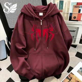 เสื้อฮู้ดมีซิปแขนยาวลายแมงมุมสีแดง สไตล์อเมริกัน ทรงหลวม Unisex ผ้าฝ้ายคุณภาพสูง เนื้อผ้านุ่มกันลม มี 12 สี พร้อมส่ง สต็