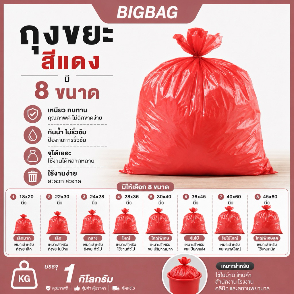 ถุงขยะสีแดง ราคาถูกสุด!!! บรรจุ 1 กิโลกรัม มี 8 ขนาด