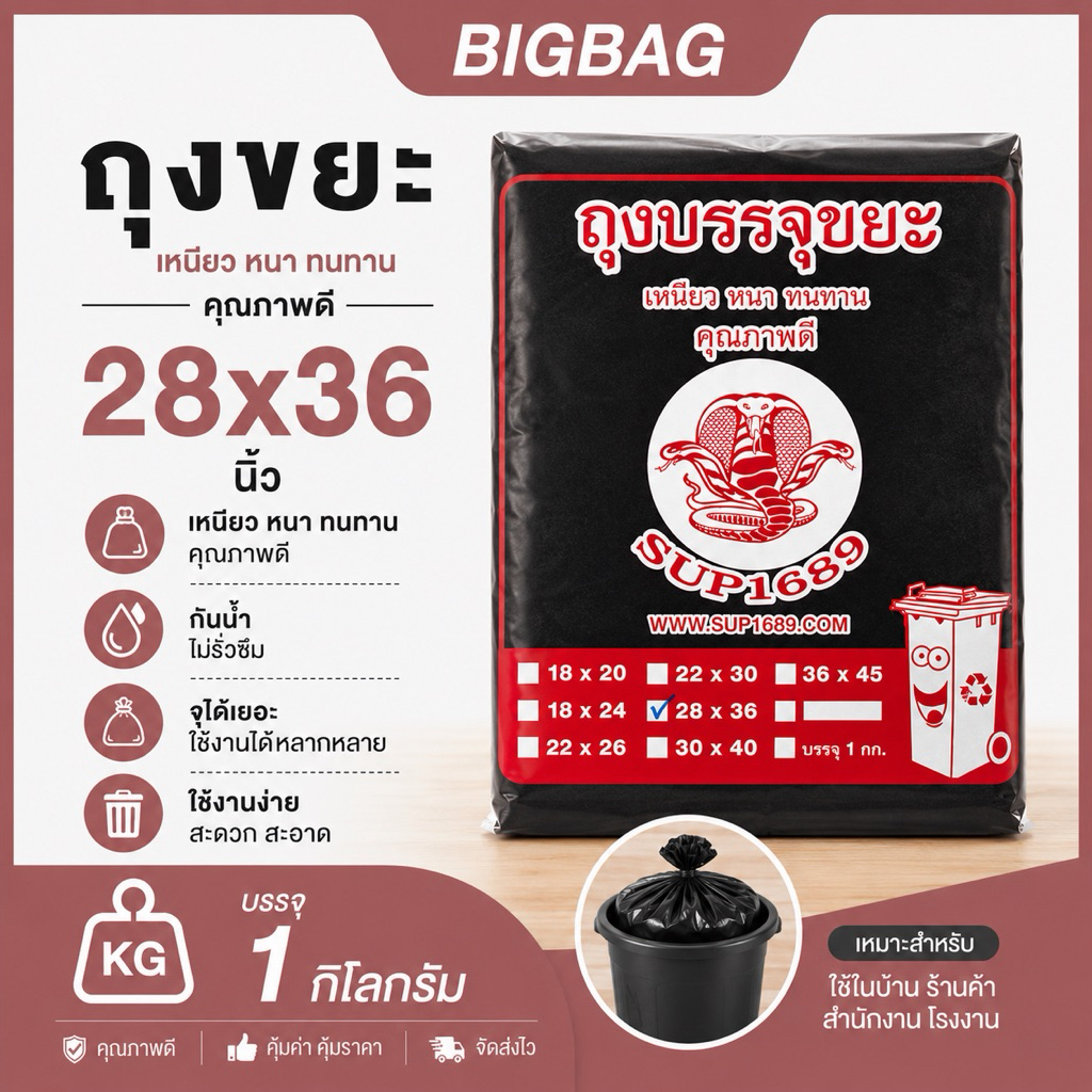 ถุงขยะ HDPE ขนาด 28×36 นิ้ว ราคาถูกสุด!!! บรรจุ 1 กิโลกรัม