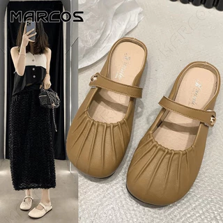 MARCOS รองเท้าแตะผู้หญิง แมรี่เจน ดีไซน์ร่องรอย สีขาว/ดำ ส้นแบน ใส่สบาย กันลื่น สไตล์เกาหลี ลำลอง สำหรับทุกโอกาส