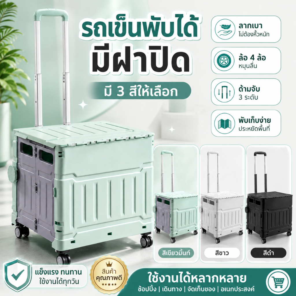 🔥พร้อมส่ง🔥 รถเข็นพับได้ มีฝาปิด รถเข็นช้อปปิ้ง 4 ล้อหมุน 360° กล่องเก็บของพับได้ กล่องใส่ของท้ายรถ แข็งแรง ทนทาน ไม่ยุบ