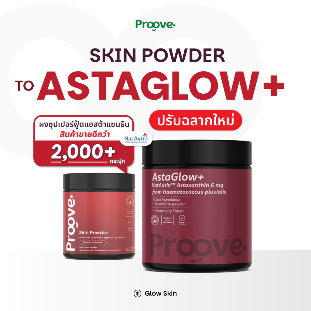 Proove ผงซุปเปอร์ฟู้ด Astaglowᐩ Powder สูตร Astaxanthin สารสกัดจากสาหร่ายสีแดง รสสตรอว์เบอร์รี