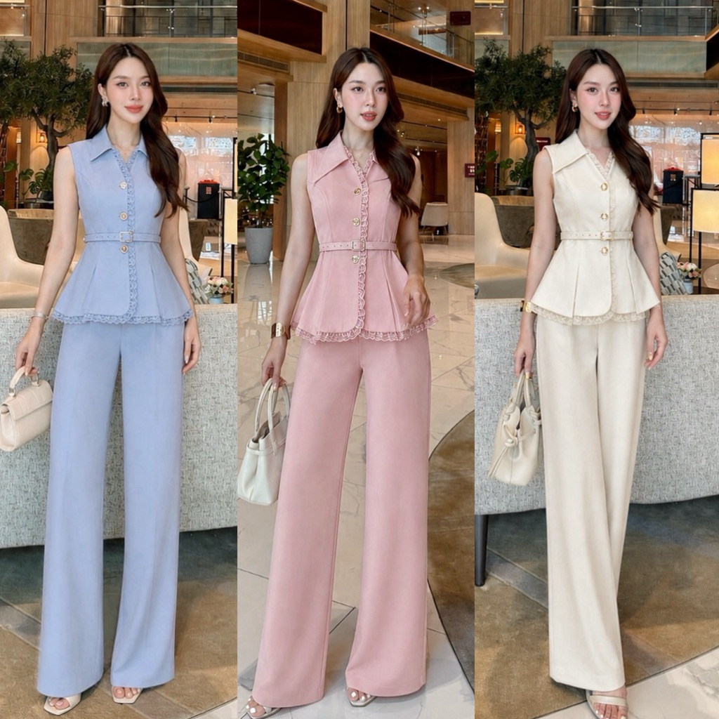 LA LA BELLE•เซต3ชิ้นผ้าสูทอัดกาวเสื้อคอวีแขนกุดปกสูท พร้อมกางเกงขายาวทรงกระบอกตรง เข็มขัดเข้าเซต