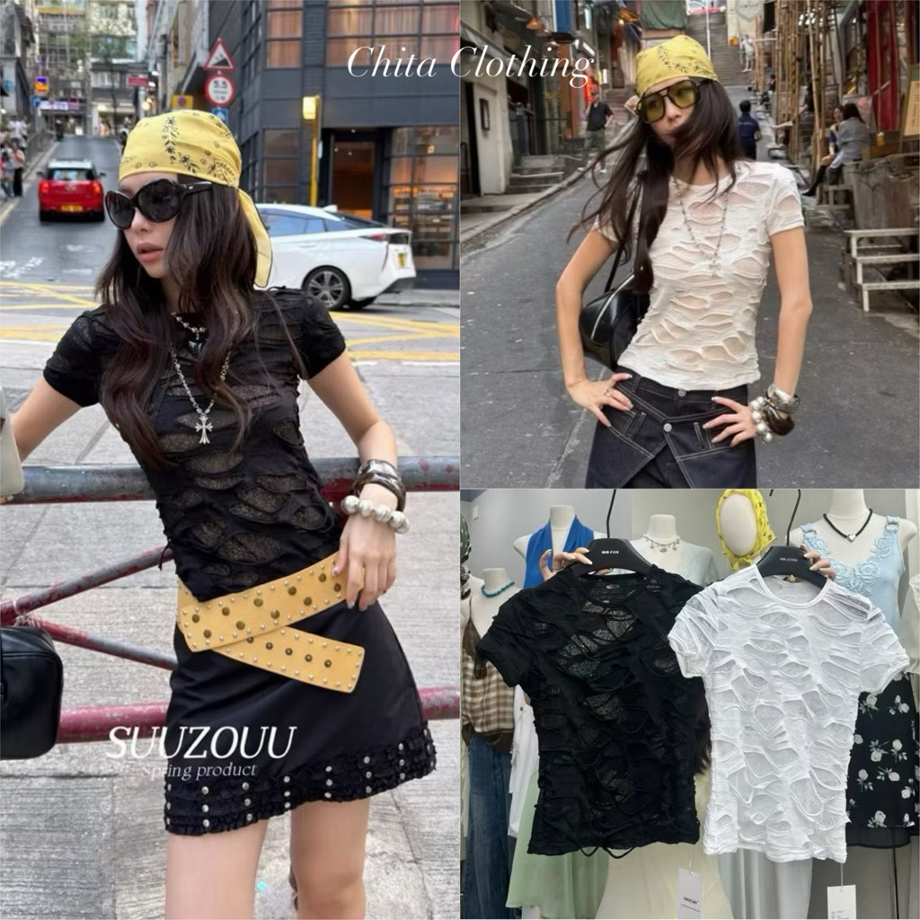📍พร้อมส่ง📍SU203 26t🇰🇷เสื้อคอกลมแขนสั้น แต่งผ้าขาดงานเก๋ไม่ซ้ำใคร เป็นทรงเข้ารูปใส่แล้วดูดีมากๆค่า Tag MMfish🇰🇷