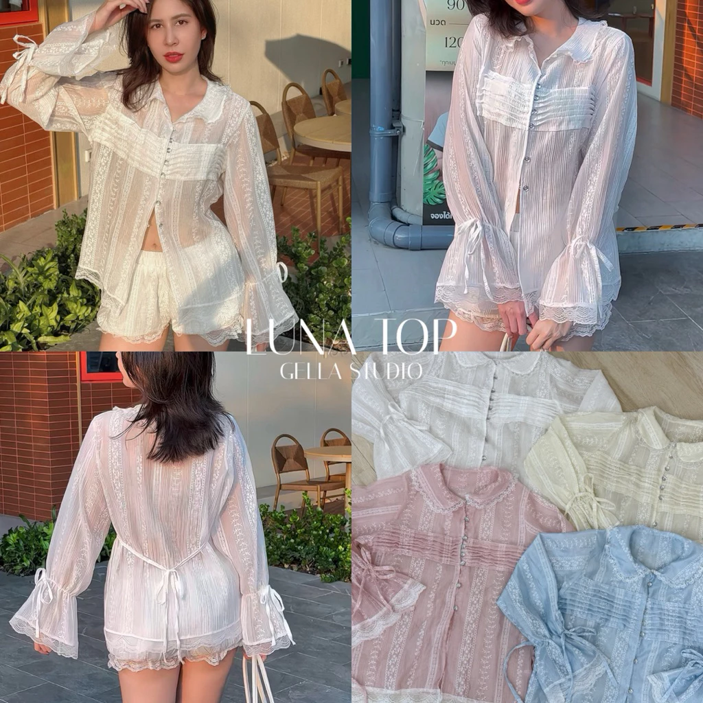 GELLA (LUNA TOP)-เสื้อคอบัวแขนยาวแต่งลูกไม้ปักฉลุเชือกผูกหลัง