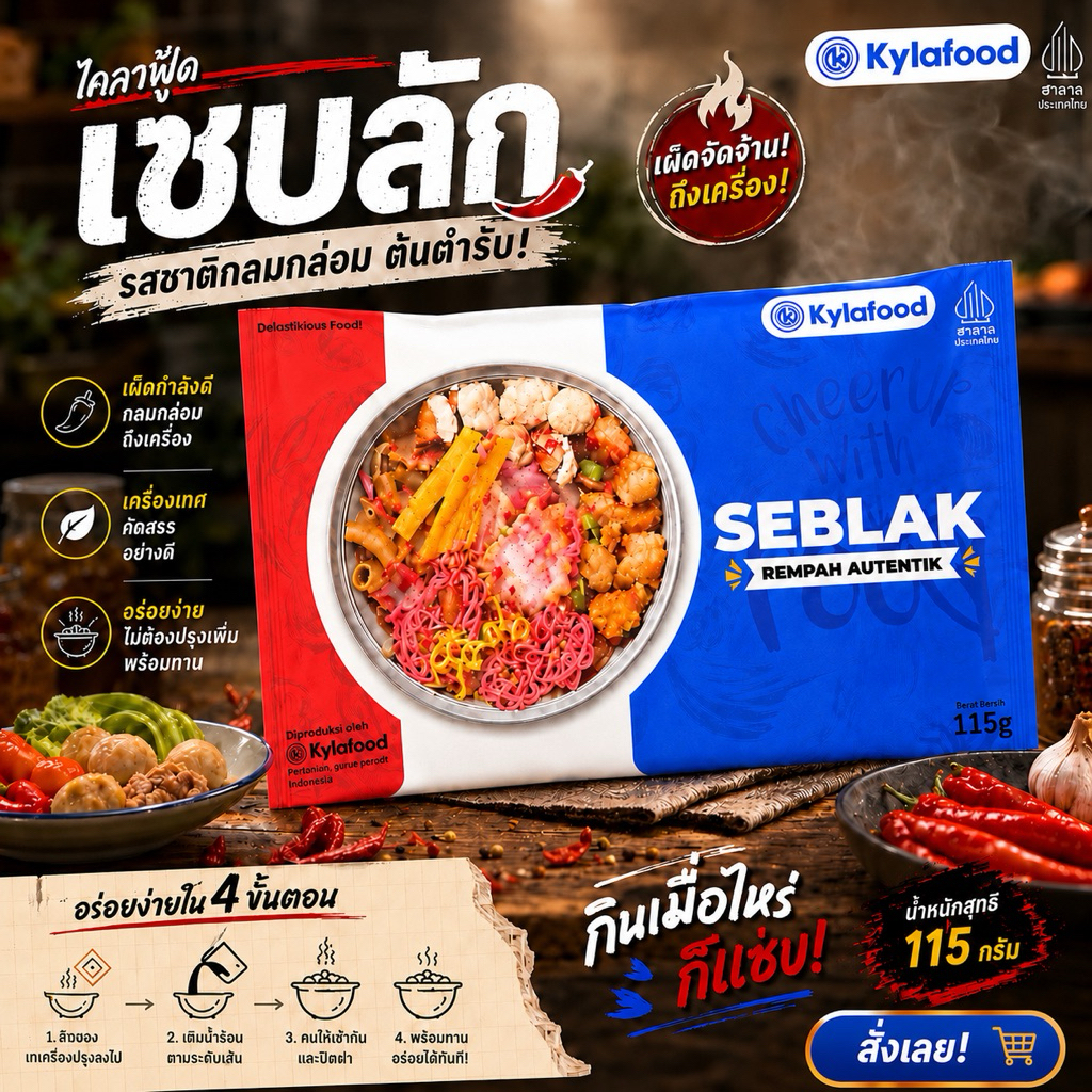 Kylafood Seblak 115 กรัม เซบลักกึ่งสำเร็จรูป สูตรต้นตำรับอินโด หอมเครื่องเทศ เผ็ดนัว เส้นหนึบ เคี้ยวเพลิน สายเผ็ดต้องลอง