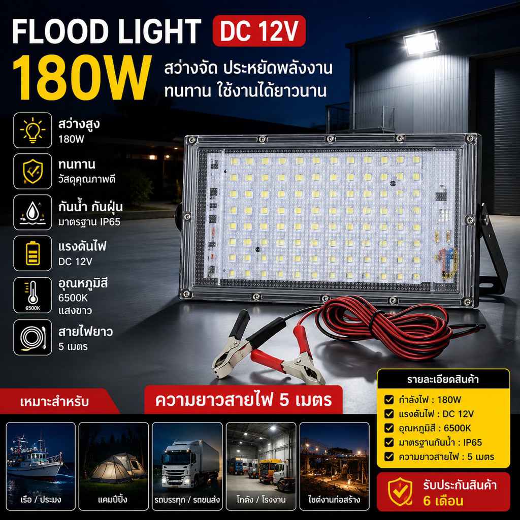 ไฟสปอร์ตไลท์ LED คีบแบต12V 180W โคมไฟ สปอร์ตไลท์ ไฟพาพก แสงสีขาว ฟลัดไลท์ ไฟคีบแบต TSM-DC180