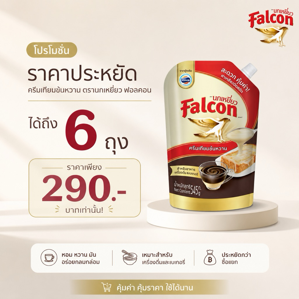 [6ถุง] นมข้น Falcon ฟอลคอน ครีมเทียมข้นหวาน นมข้นหวาน สำหรับอาหารและเบเกอรี่ (ตรานกเหยี่ยว) ขนาด 545 กรัม