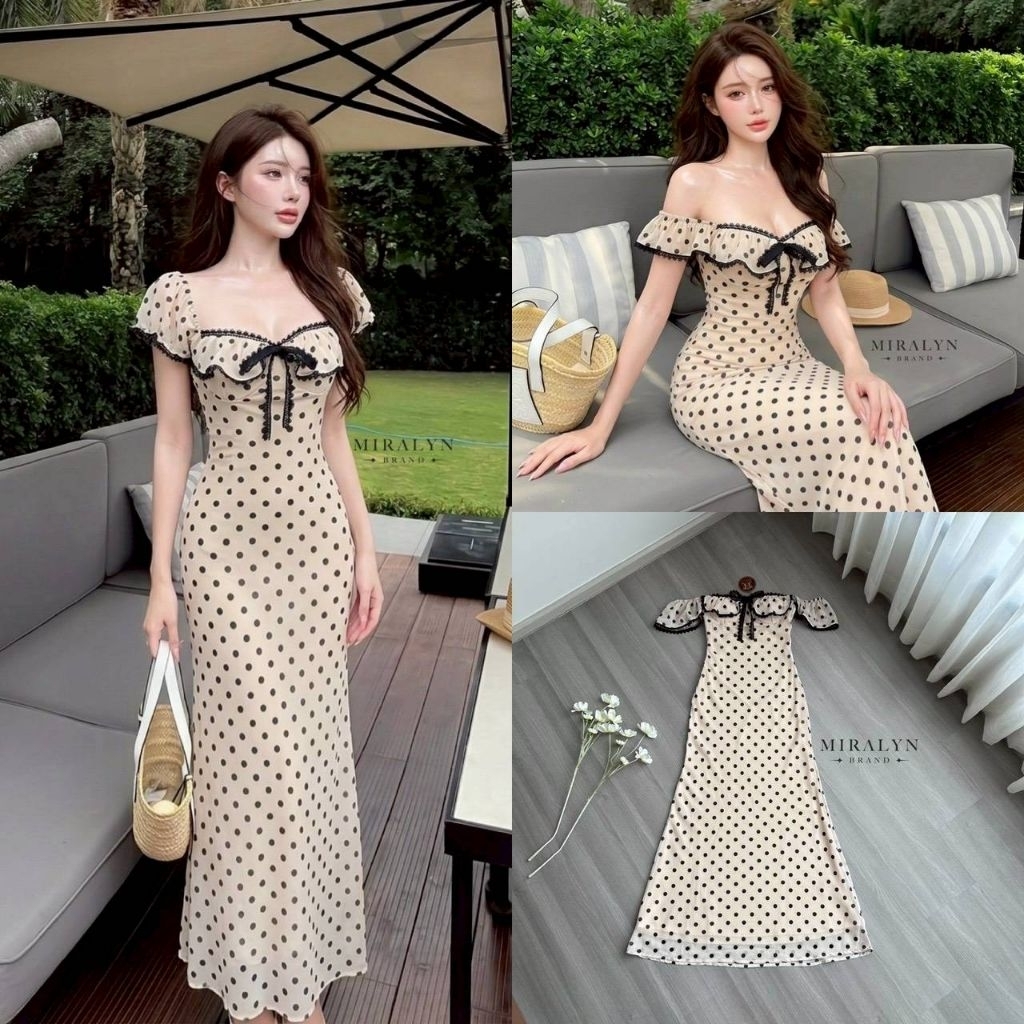 Miralyn เดรสยาว polkadot สีครีม งั้นผ้าทิ้งตัวใส่สบายแขนกุดแต่งระบายหรือจะใส่เป็นทรงปัดไหล่