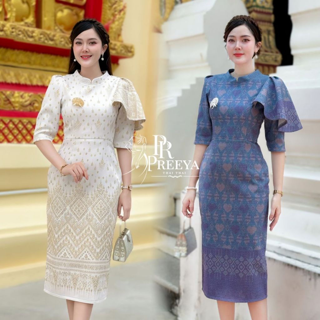 PR174 เดรสผ้าฝ้าย ผ้าทอลพบุรี อัดกาวทั้งชุด ใช้สีธรรมชาติ  แบรนด์ preeya มีไซส์ S-XL