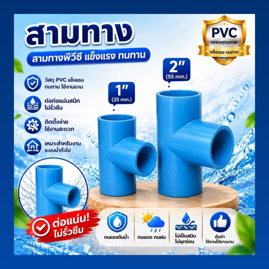 ข้อต่อสามทาง PVC ขนาด 1" (1นิ้ว) (แพค 25/50 ตัว), 2" (2 นิ้ว) (แพค 10/20 ตัว) สีฟ้า สำหรับงานประปา สามทางตัวที ทนทาน