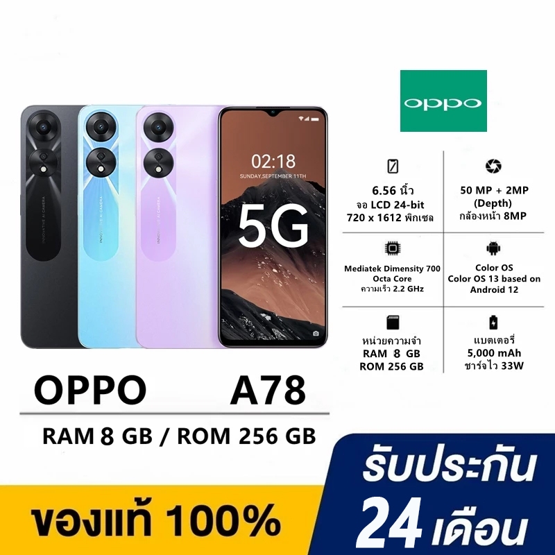OPPOA78 5G 8GB/256GB 6.56 นิ้ว 90Hz Android 12 5000mAh ของแท้ มือสอง พร้อมการรับประกัน 24