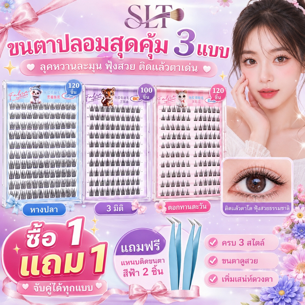 🔥ซื้อ 1 แถม 1🔥ขนตาปลอม 3D มีกาวในตัว ไม่ต้องใช้กาว ความจุใหญ่ 100/120 ช่อ 10แถว ติดง่าย ธรรมชาติ ใช้ซ้ำได้ กันน้ำ ตาโต