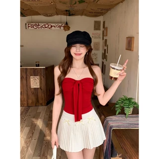 เสื้อท๊อปเกาะอก เสื้อเกาะอกสีแดง รัดรูป ใส่ไปเที่ยว ออกแบบสวย ดูผอม ไตล์ฝรั่งเศส #020438