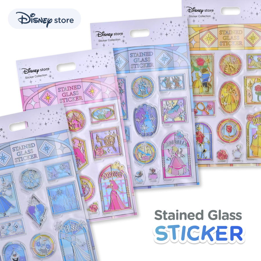 (พร้อมส่ง) ดิสนีย์ สติ๊กเกอร์ กระจกสี เจ้าหญิง— Disney Beauty & the Beast, Cinderella, Sleepy Beauty, Frozen Stickers