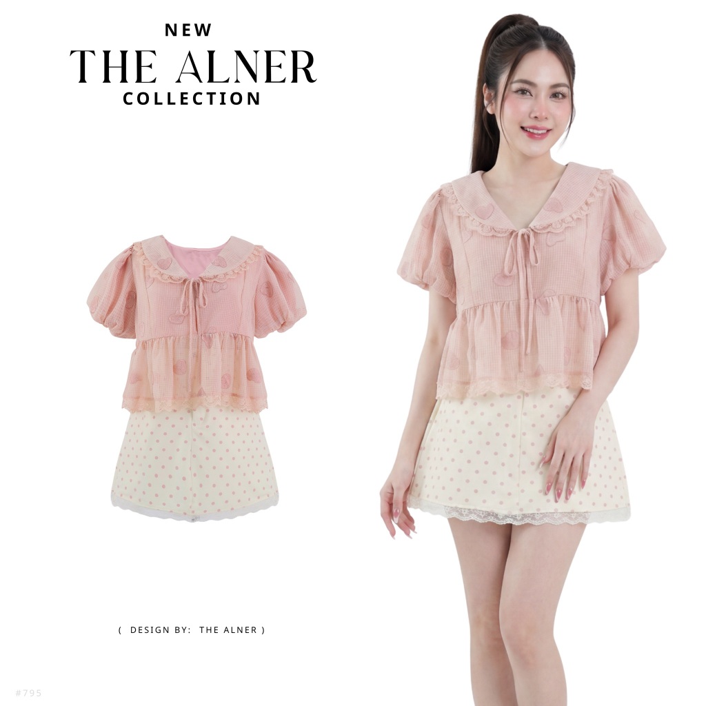Thealner-AN795 (เซตเสื้อชมพูคอปกแขนตุ๊กตา+กระโปรงลายจุด)